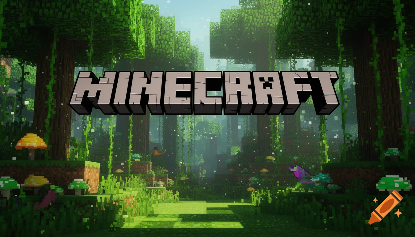 The MINECRAFT logo floats above a lush, blocky jungle with tall trees, vines, and colorful mushrooms.