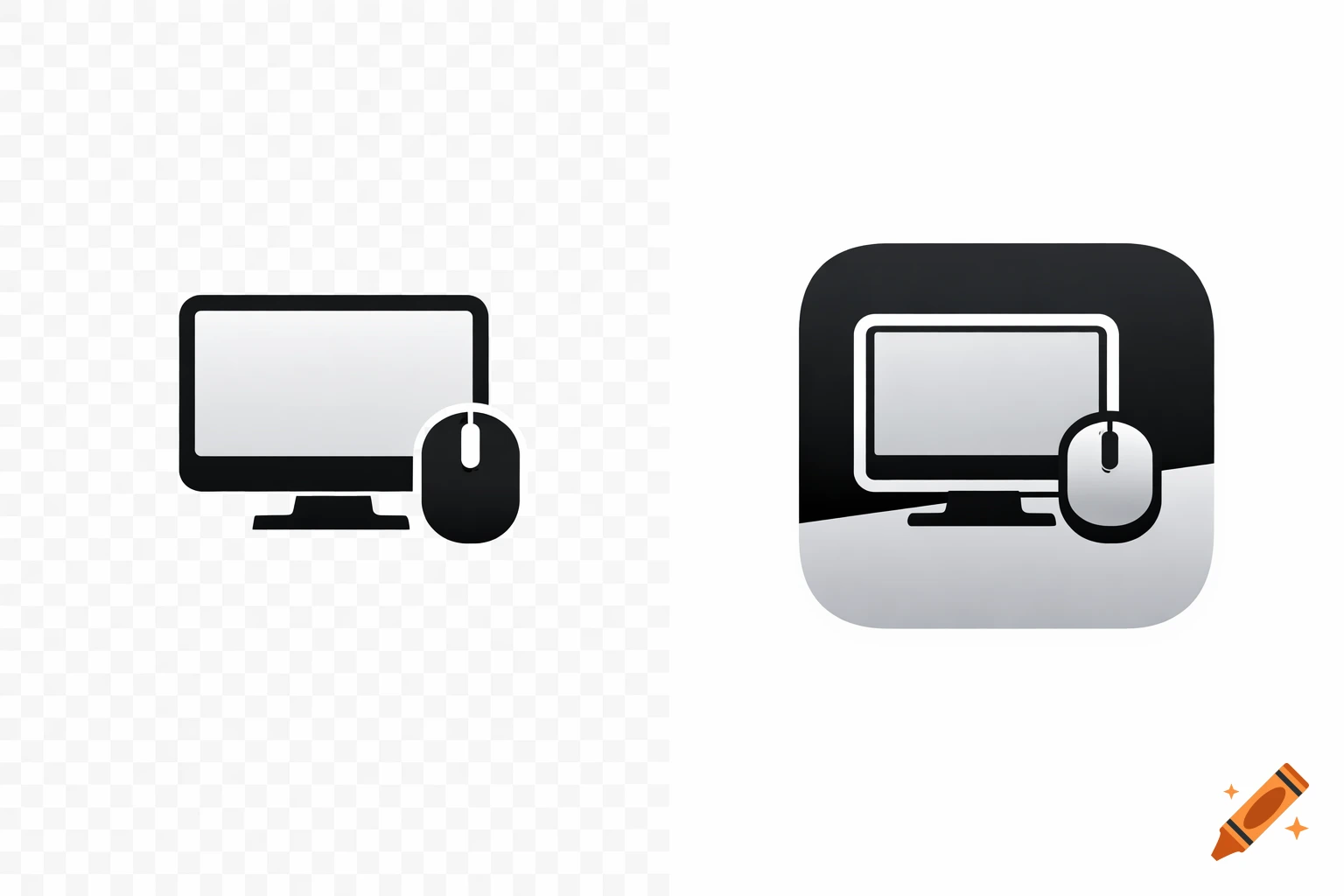 Minimalist black and white logo featuring a computer monitor and a mouse, in a flat design style.