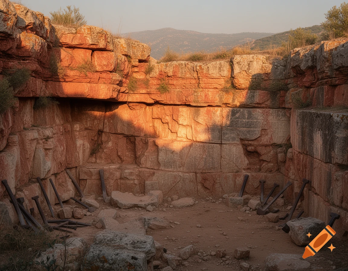 An ancient stone quarry with deep red and gray rock walls, illuminated by warm sunlight on one side. Various wooden tools and stone debris lie on the dusty ground, with mountains in the background.