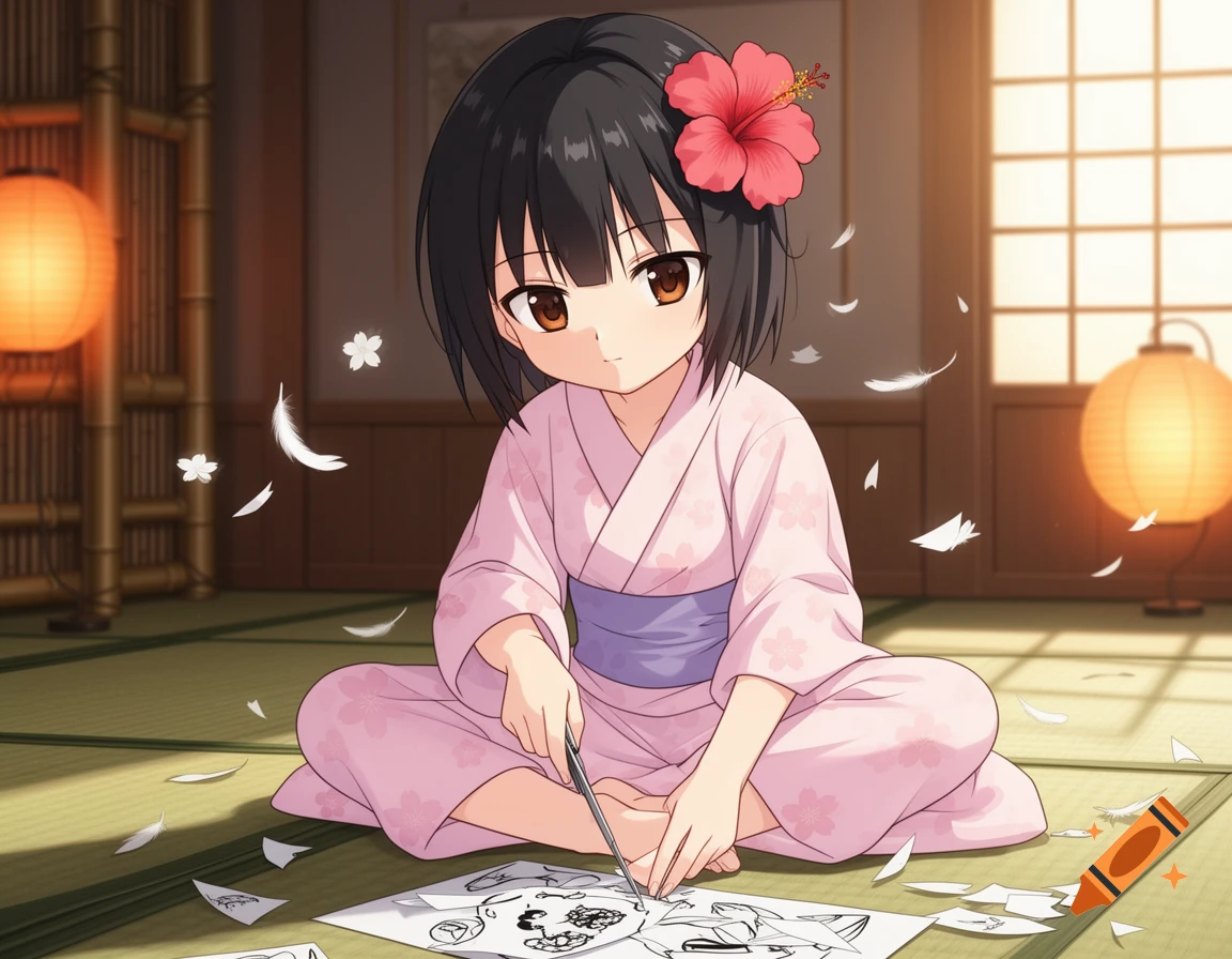 Anime girl with a hibiscus in her hair, wearing a pink kimono, sitting on a tatami mat and cutting paper.