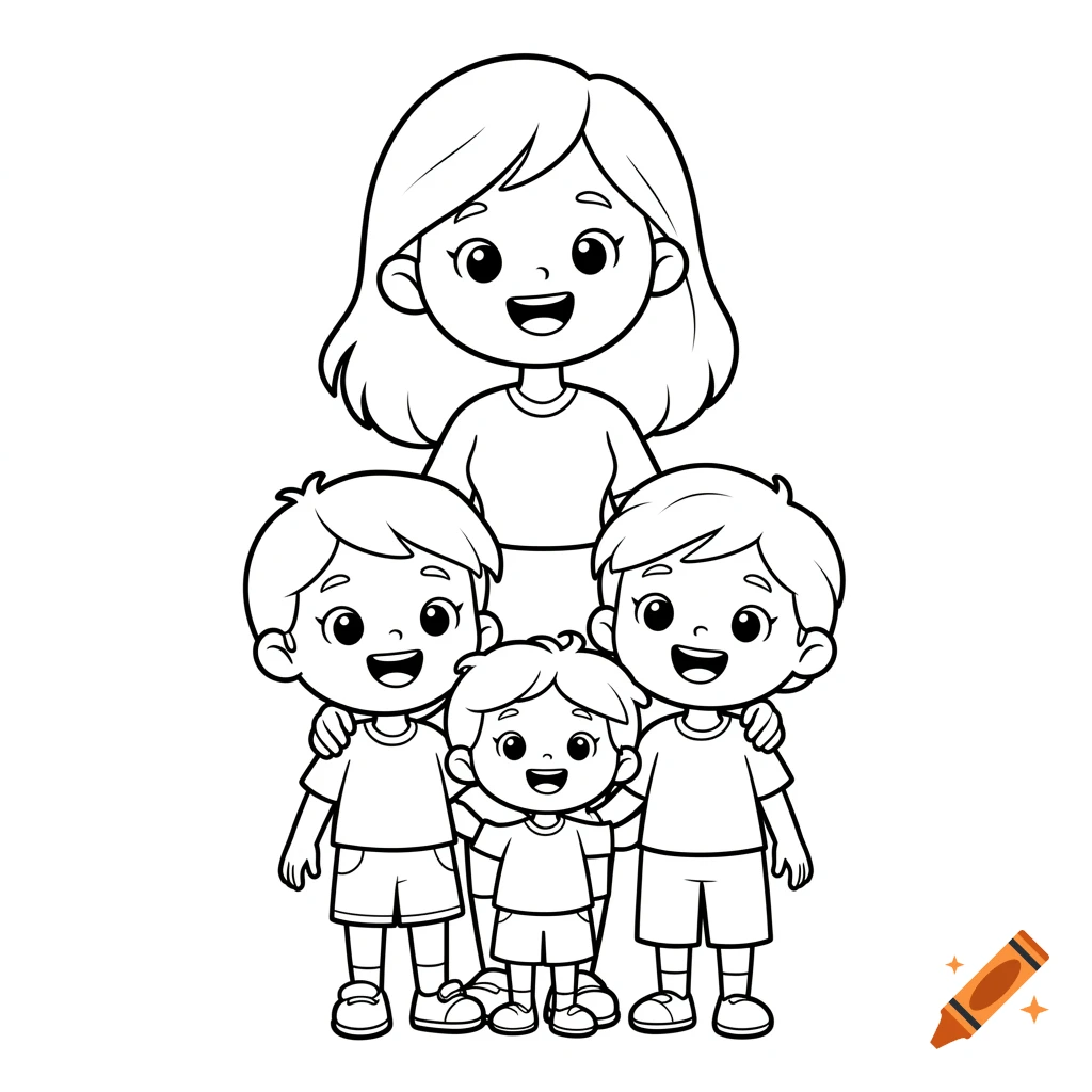 Black and white cartoon line drawing of a smiling mother with her three children, suitable for a coloring book.