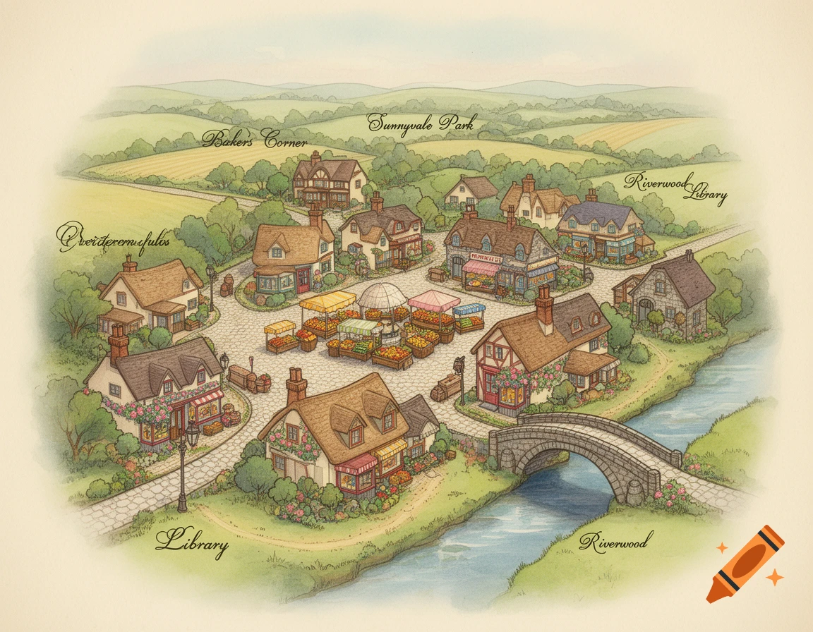 Overhead watercolor illustration of a charming small town map with shops, houses, a market square, and a river with a stone bridge.