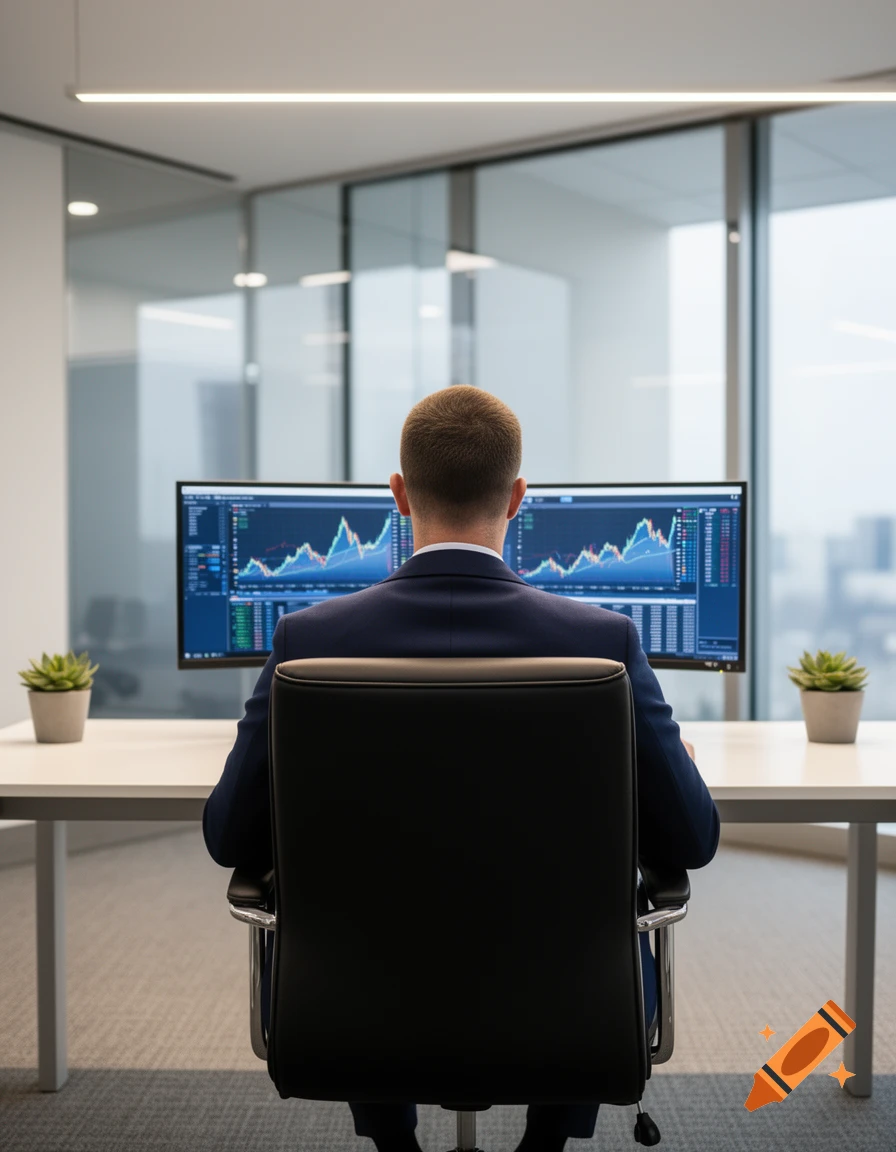 A man in a suit sits with his back to the camera, looking at dual computer monitors displaying financial graphs and data in a modern office.