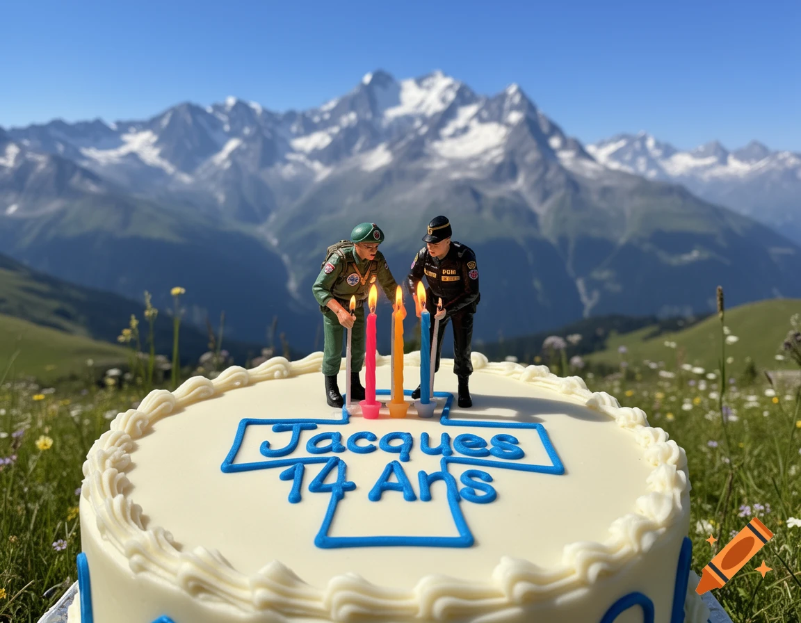 A birthday cake decorated with "Jacques 14 Ans" and a scout cross, featuring two figurine soldiers lighting candles against a backdrop of snowy alpine mountains.