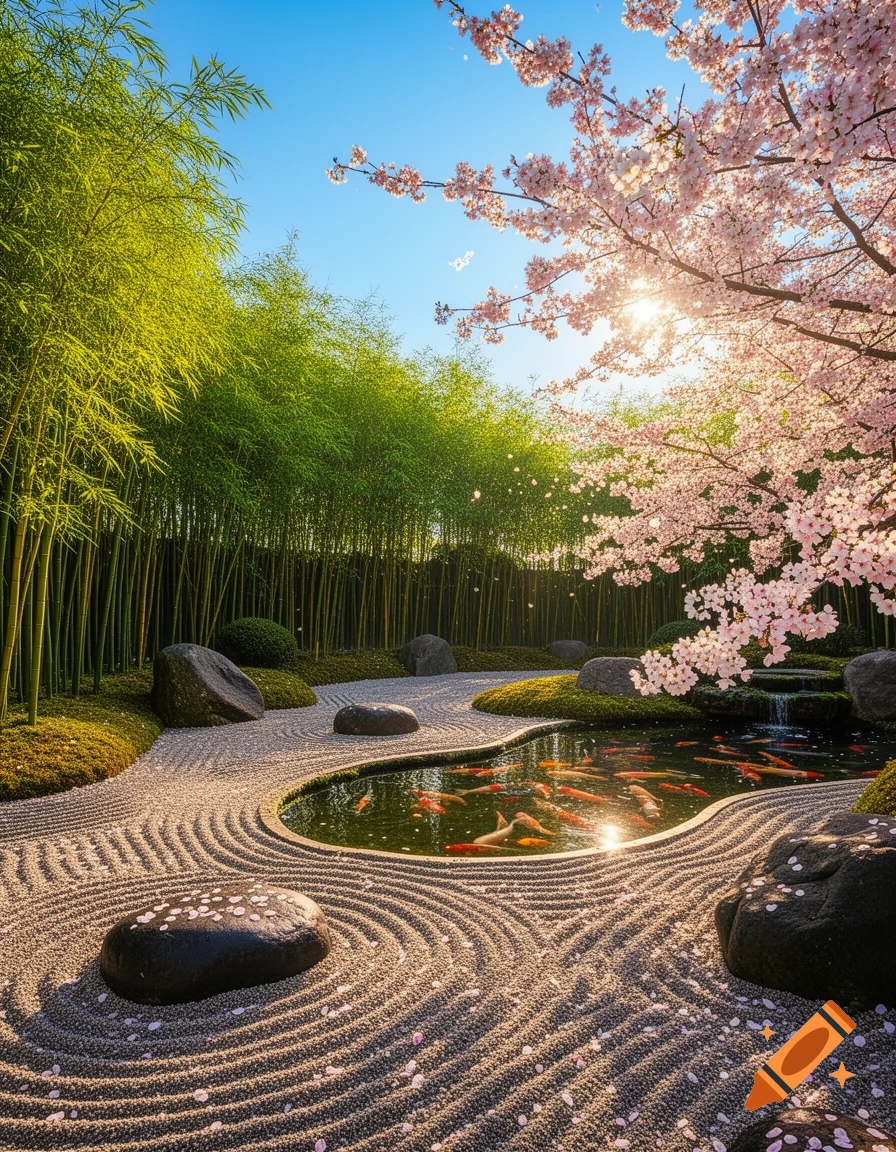 A serene Japanese Zen garden with a koi pond, raked sand, bamboo, and cherry blossoms under a sunny sky.