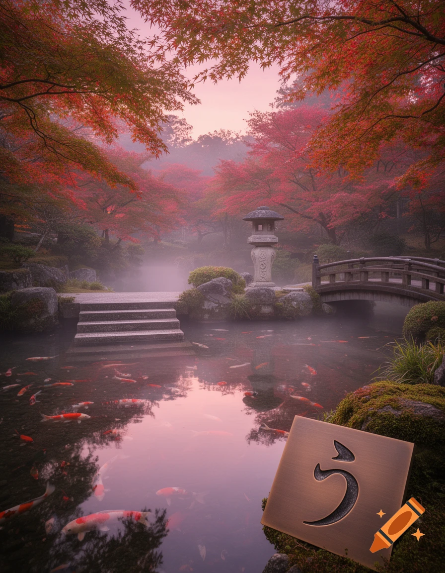 Photorealistic Japanese garden in autumn with red maple trees, a misty koi pond, stone lantern, wooden bridge, and a sign displaying the character 'う'.