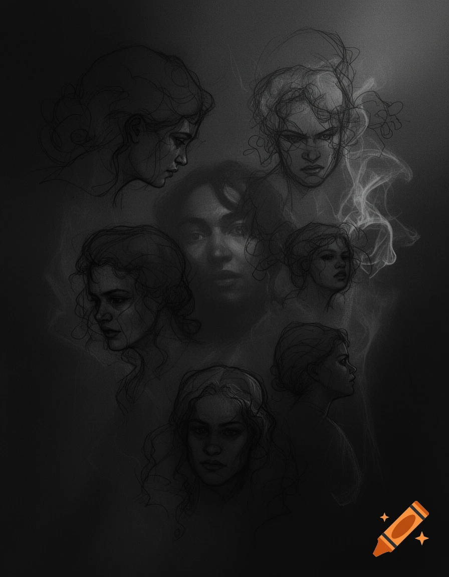 Multiple dark, black and white sketches of a woman's face and head in various expressions, surrounded by smoky wisps.