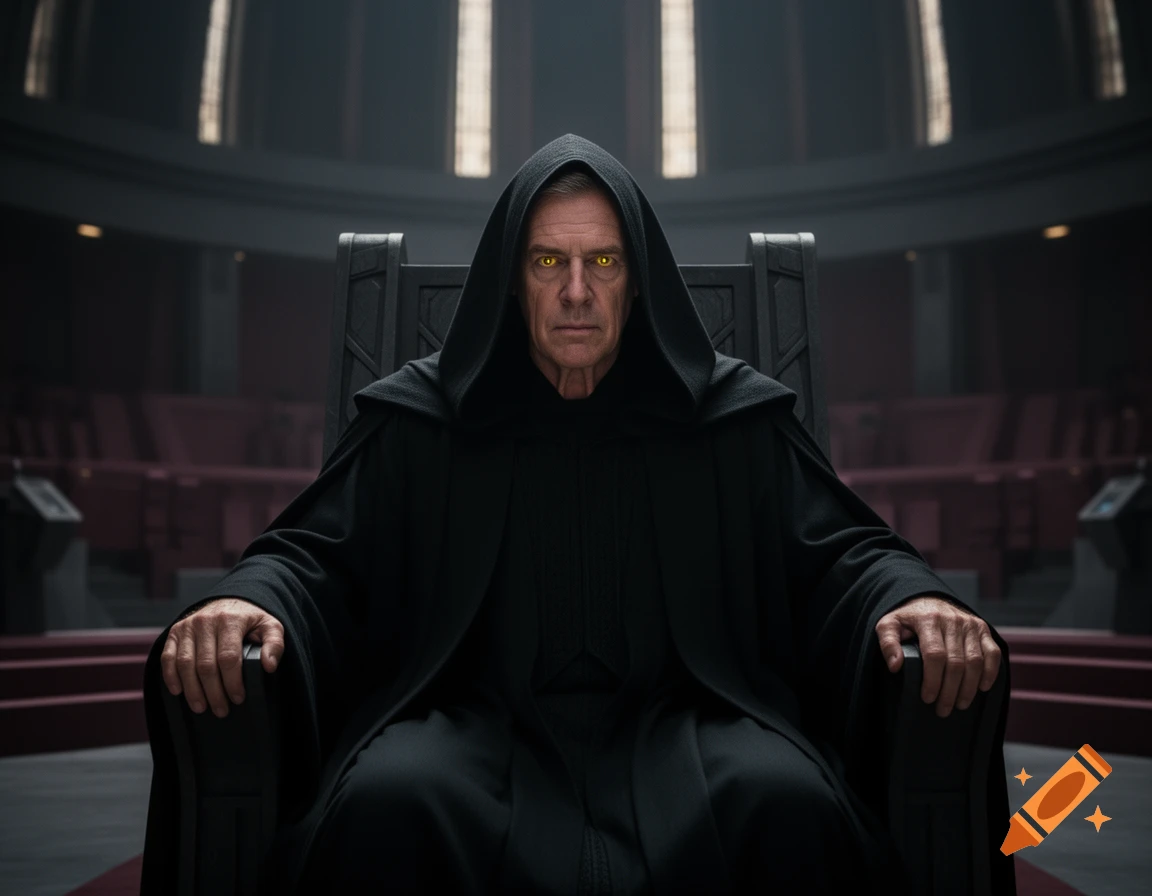 An older man with glowing yellow eyes in a black hooded robe sits menacingly on an ornate dark throne in a dimly lit chamber.