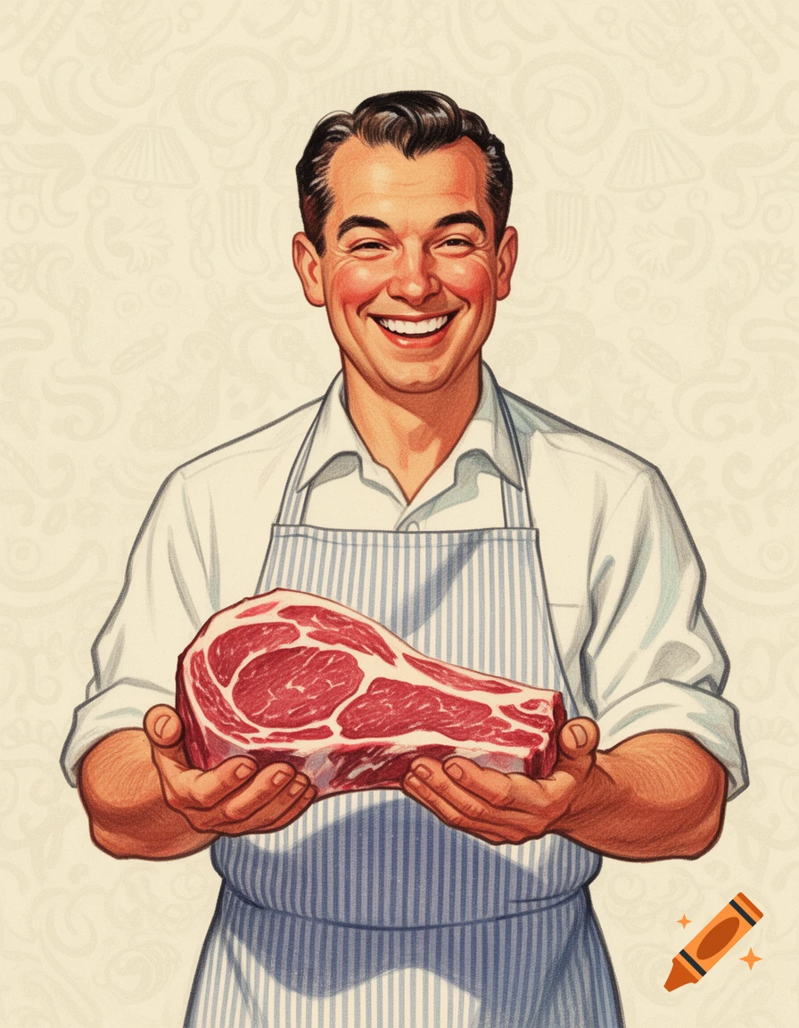 A smiling retro illustration of a butcher in a striped apron holding a ...