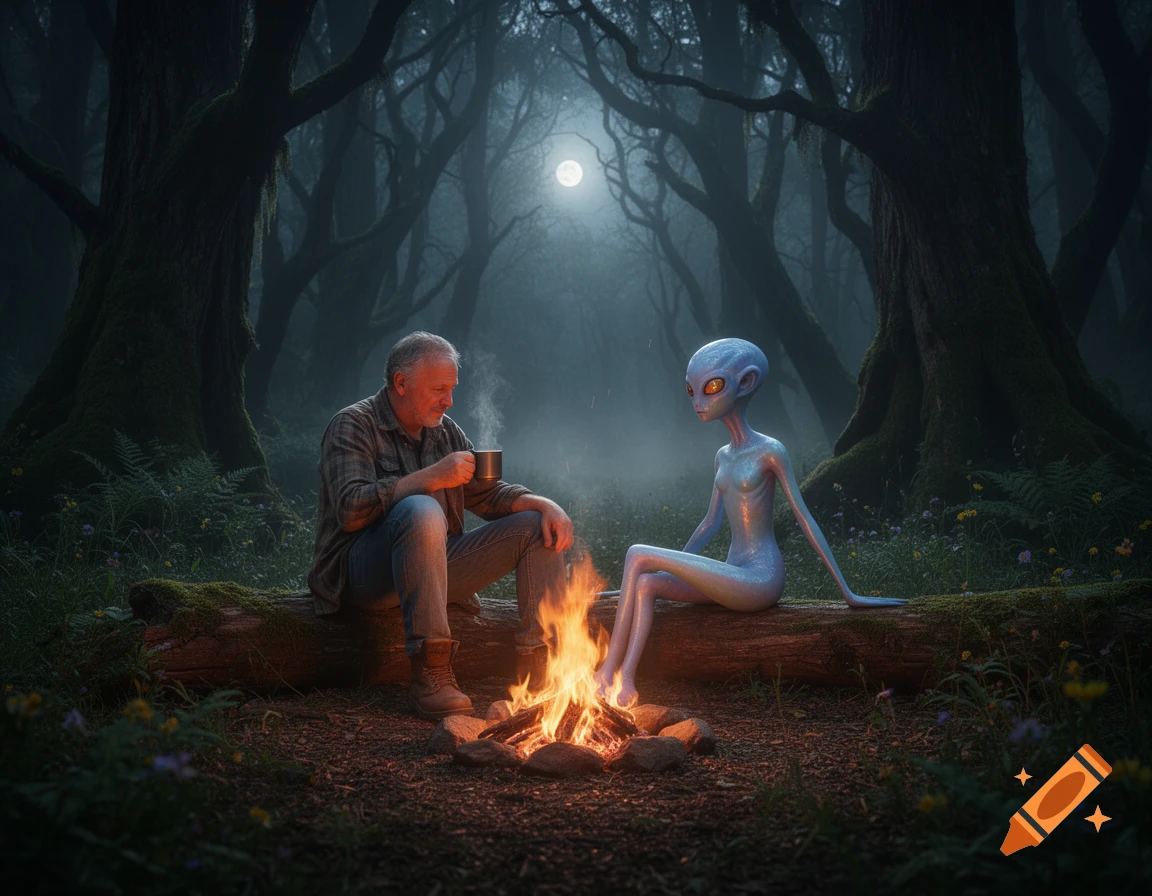 A man and a blue alien sit by a crackling campfire in a dark, misty deep woods under a full moon.