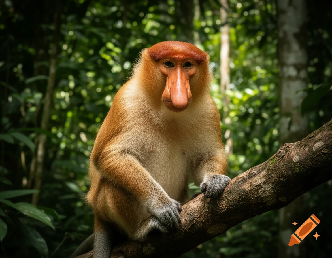 A photorealistic close-up of a Proboscis monkey with a large nose, sitting on a branch in a lush jungle.