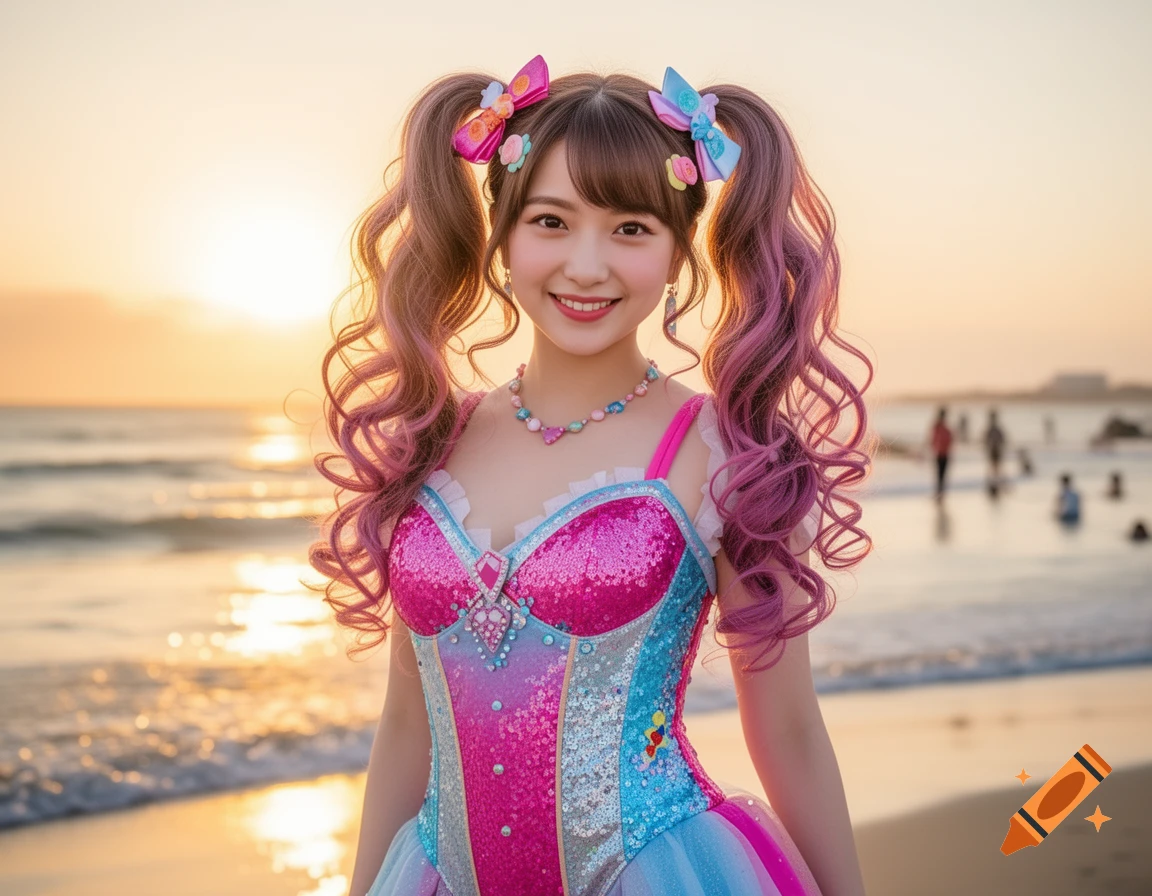Smiling idol-style woman with pink pigtails and a sparkly costume on a beach at sunset.