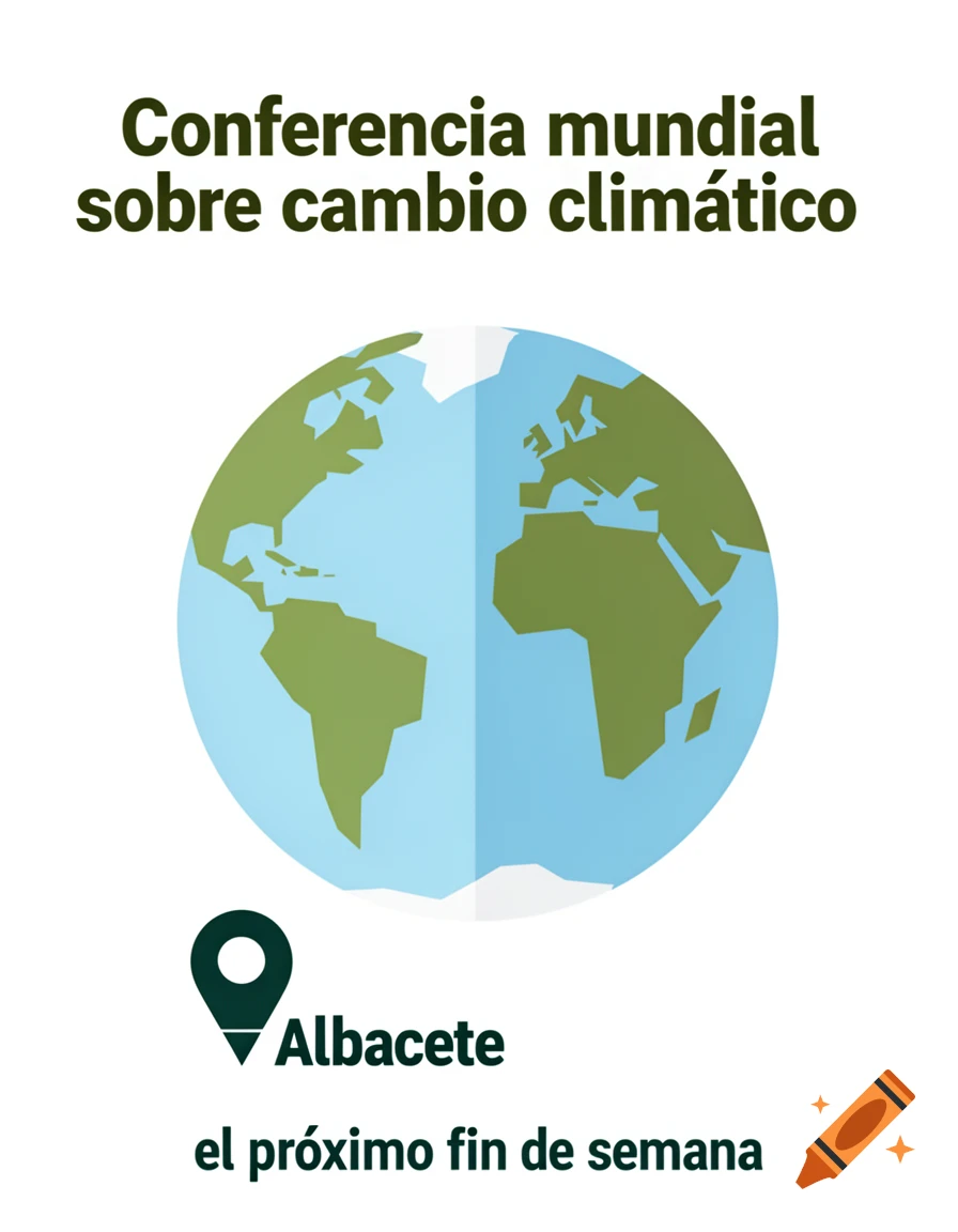 An illustrative poster for a climate change conference, featuring a world map with green landmasses and blue oceans, above a location pin icon next to "Albacete," and text indicating "next weekend" below.