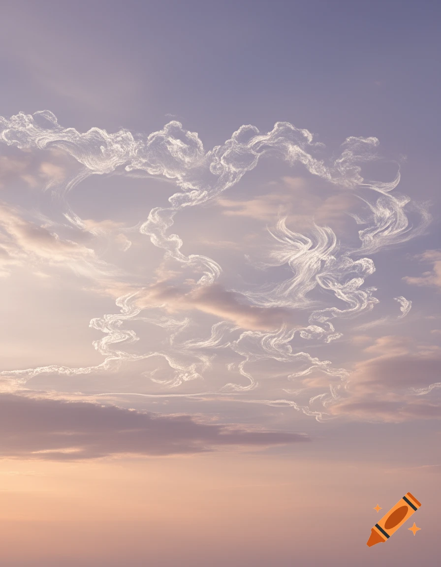 Stylized etched clouds swirl across a soft pastel sky, fading from lavender to peach.