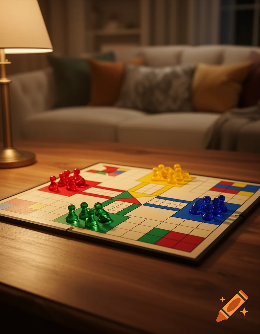 A Ludo board game with colorful red, green, yellow, and blue pieces on a wooden table in a softly lit living room, photorealistic.