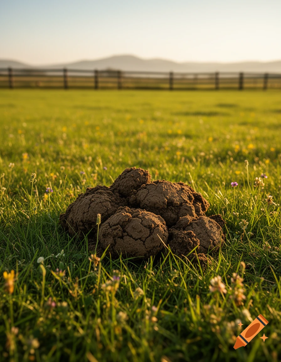 A pile of cow dung sits on a grassy field with a wooden fence and distant mountains in the background.
