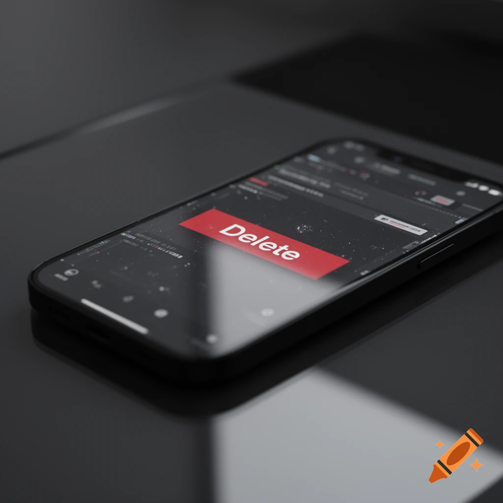 A black smartphone shows a red "Delete" button on its screen, resting on a dark surface.