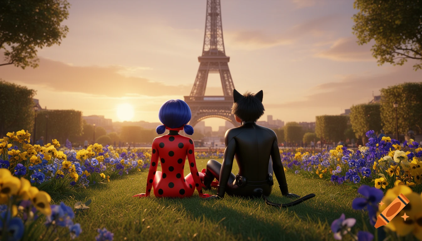 Ladybug and Cat Noir sit on a grassy field surrounded by flowers, gazing at the Eiffel Tower during a cinematic sunset.