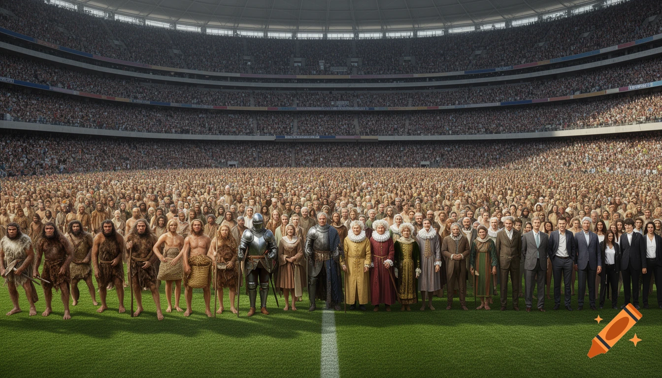 A vast crowd fills a stadium, with a line of people dressed in historical attire from prehistoric to modern times standing on the green field.