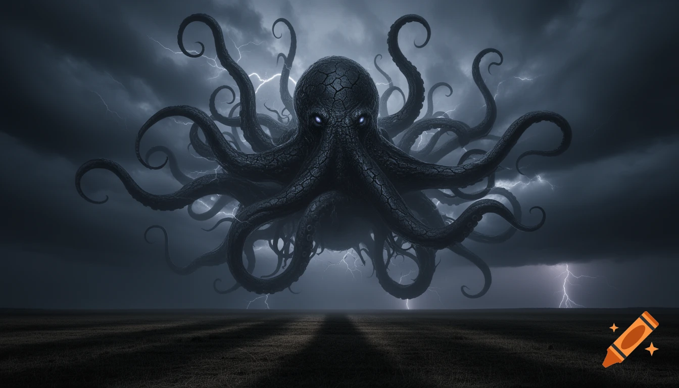 A gigantic, dark, Kraken-like monster with glowing blue eyes and many tentacles hovers under a dramatic, lightning-filled storm sky above a desolate landscape.