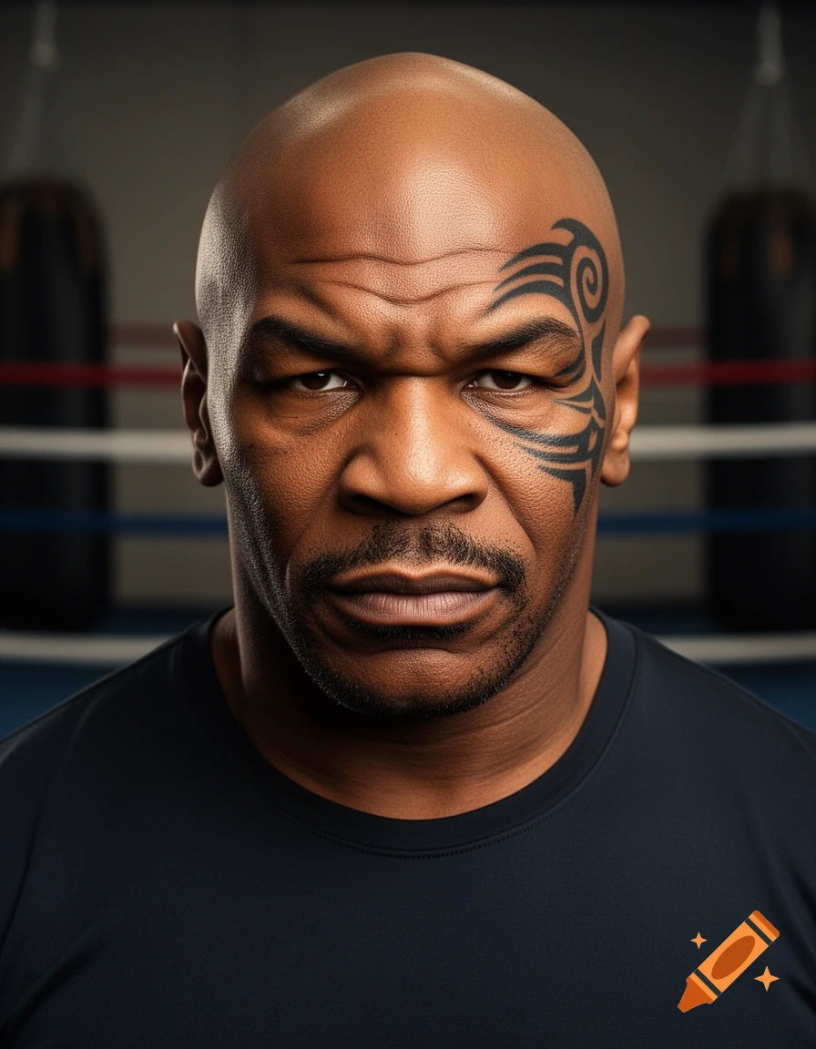 Photorealistic portrait of Mike Tyson with his facial tattoo and a stern look, in a boxing gym.