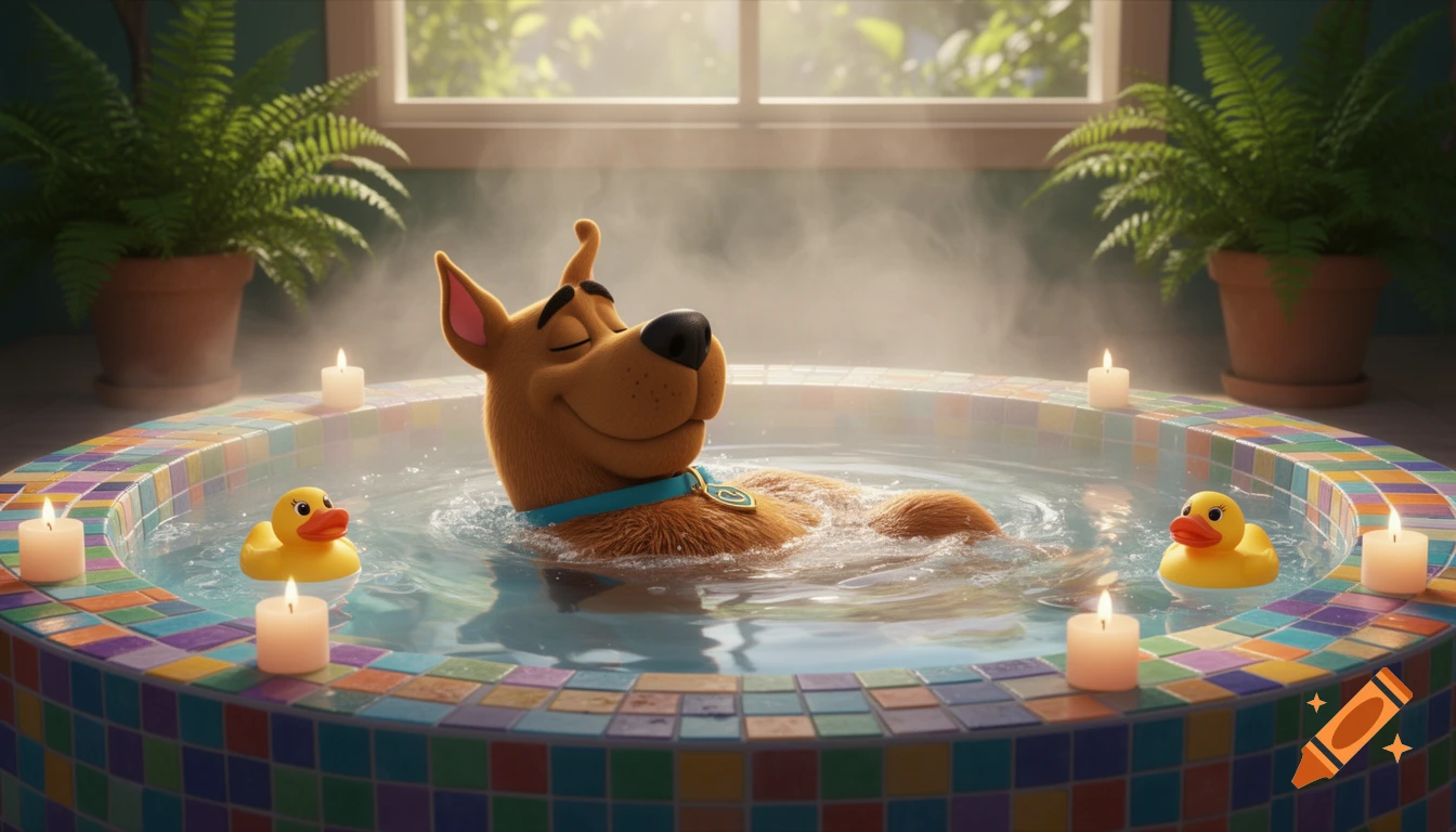 Scooby-Doo relaxes in a steaming hot tub with rubber ducks and lit candles, rendered in a bright 3D animation style.