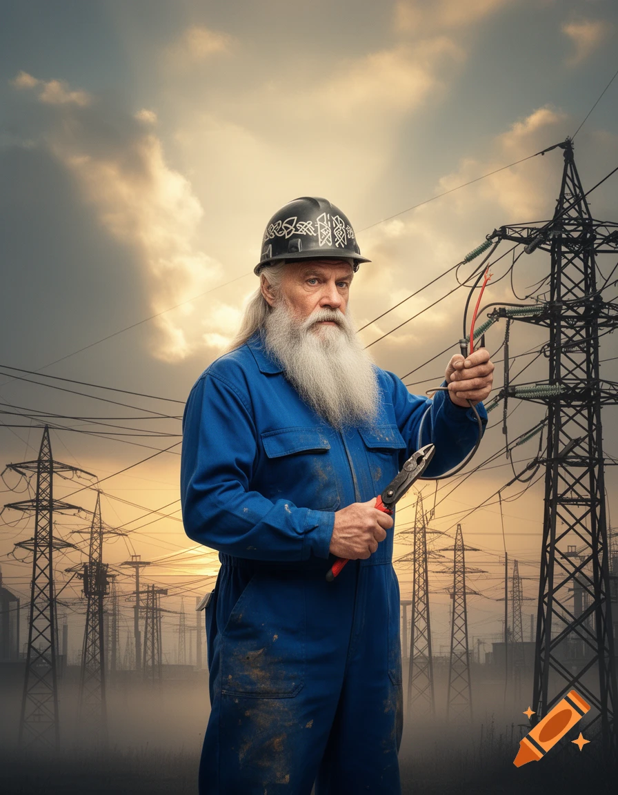 A bearded man in a blue electrician jumpsuit and hard hat holds wires and pliers, standing before power lines and transmission towers at dusk.
