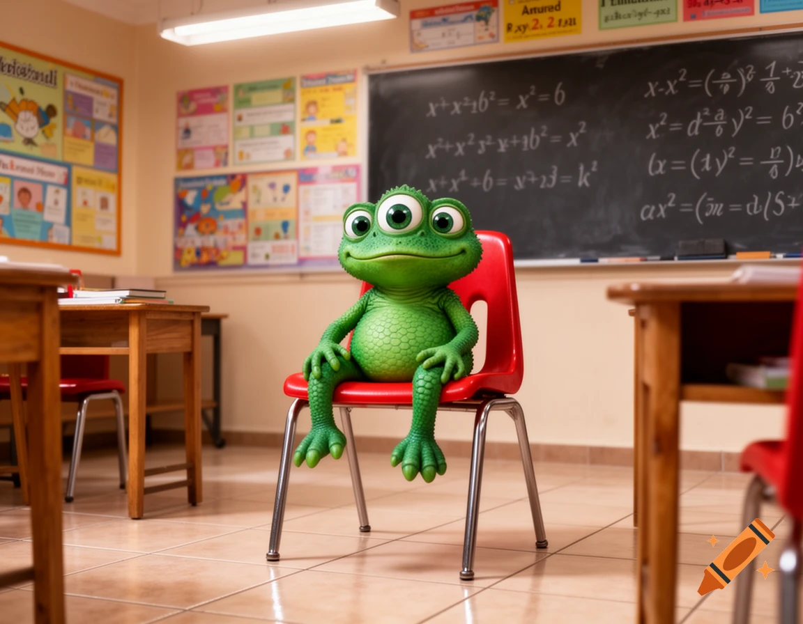 A smiling three-eyed green frog monster sits on a red chair in a classroom with mathematical equations on the blackboard.