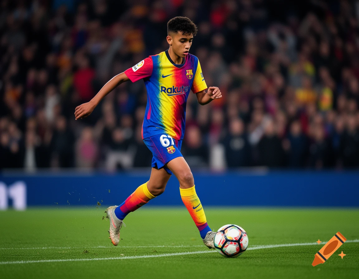 A young soccer player, Lamine Yamal, in a colorful rainbow-striped jersey with the number 61 and 'Rakuten' logo, dribbles a soccer ball on a green field in a stadium.
