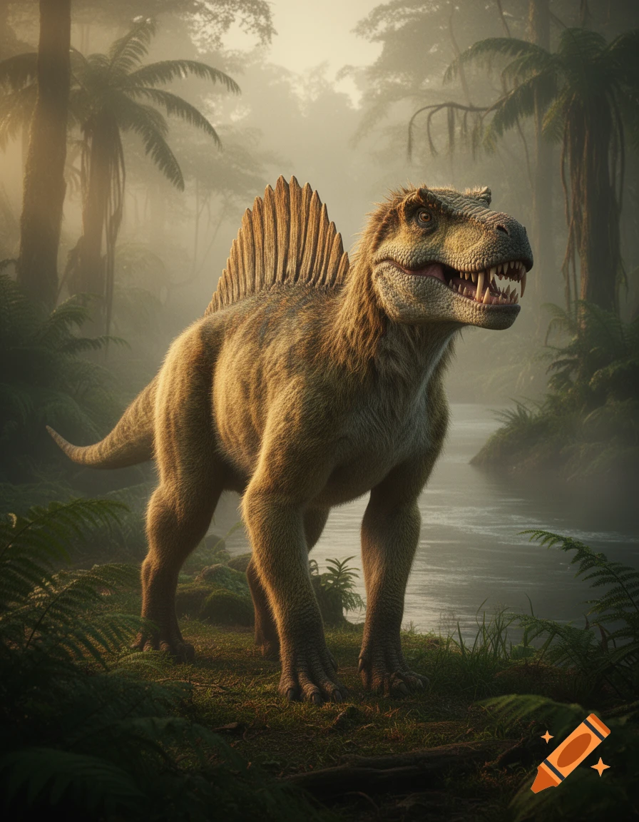 A furry, Spinosaurus-like creature stands by a river in a misty jungle at dawn. Photorealistic style.