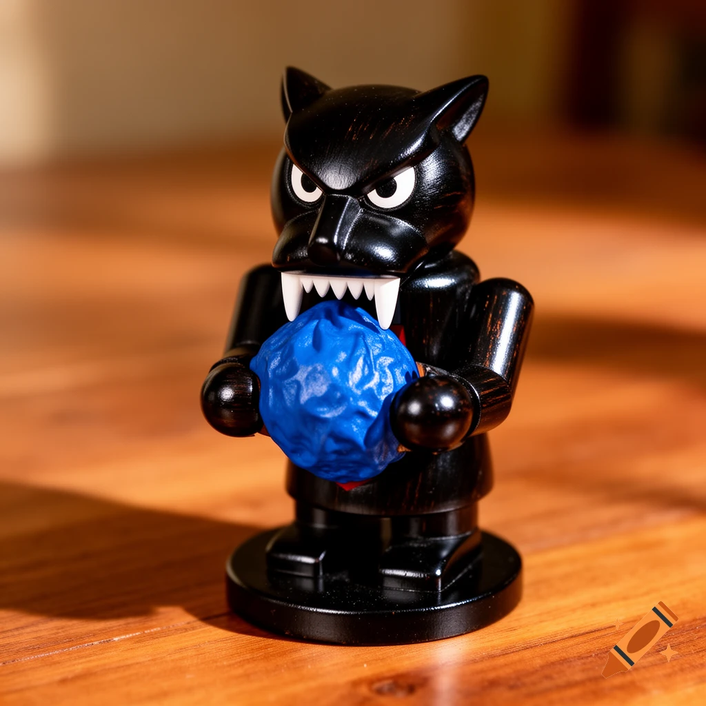 A black nutcracker figurine with sharp white teeth holds a crumpled blue object in its mouth, standing on a polished wooden surface.