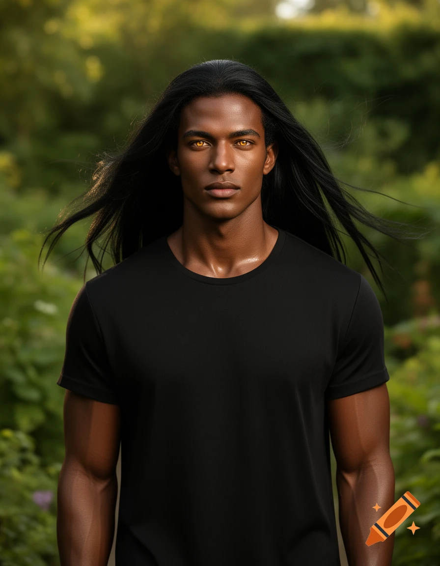 Photorealistic portrait of a man with dark skin, long black hair, and glowing golden eyes, wearing a black t-shirt, set in lush green foliage.
