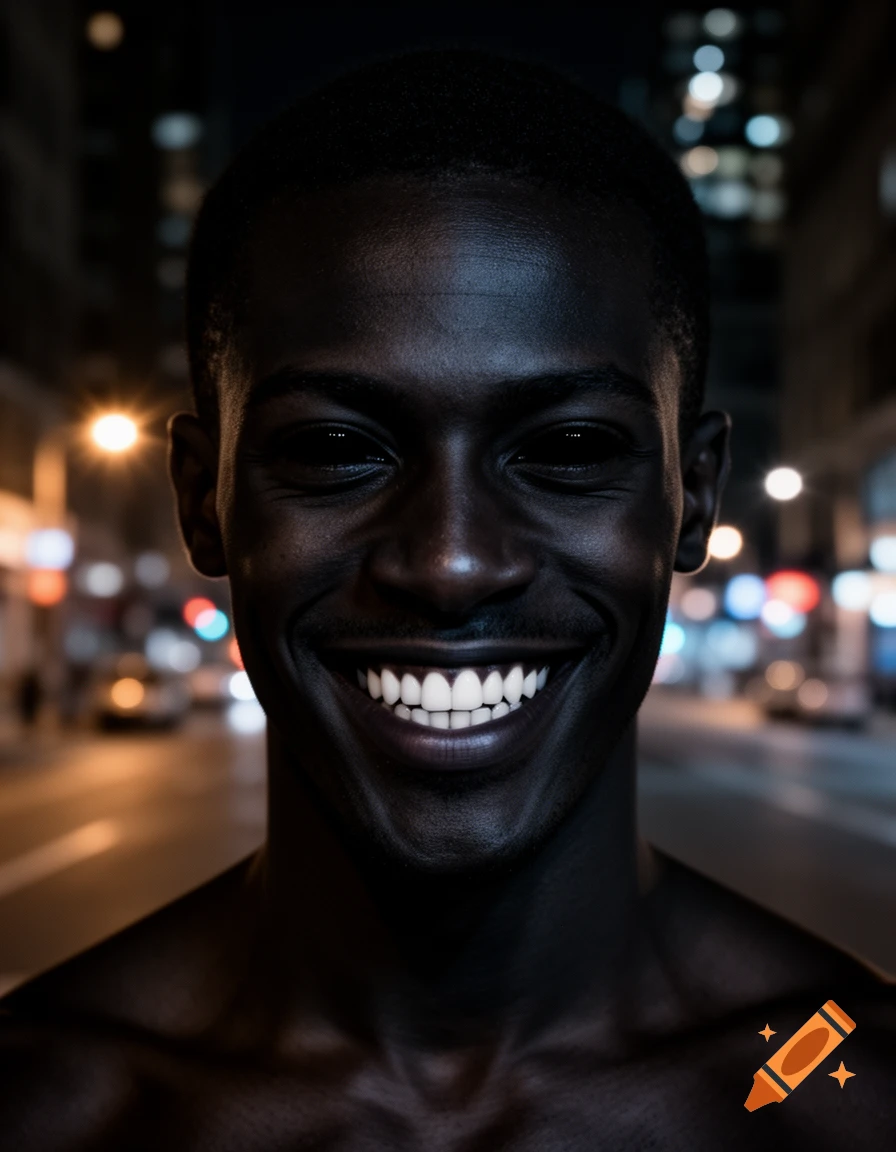 A close-up photorealistic portrait of a Black man with completely black eyes and a wide, unsettling smile against a blurred city night background.