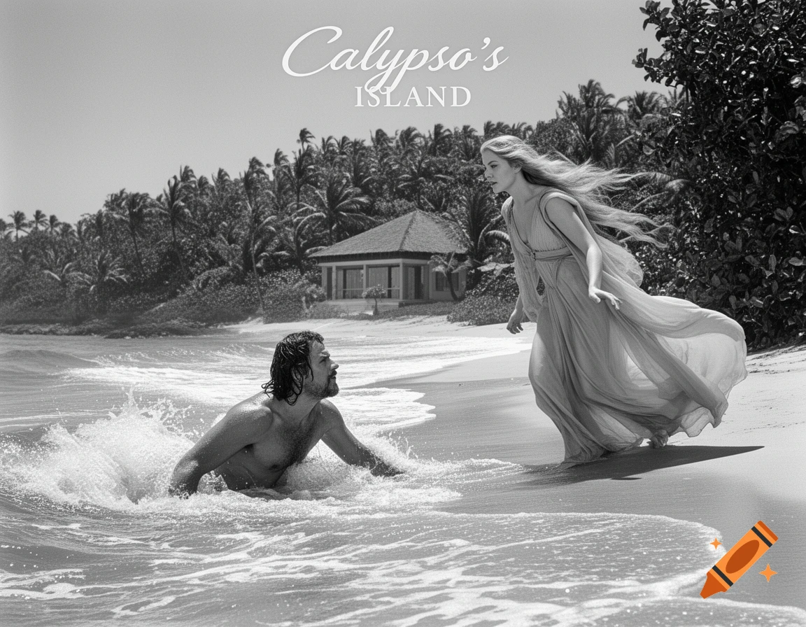 Black and white photo of a man emerging from waves on a tropical beach, looking at a woman in a flowing dress. Text 'Calypso's ISLAND'.
