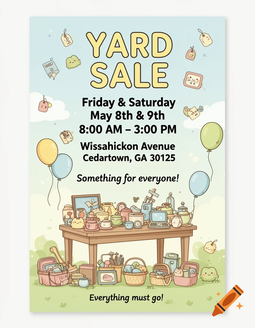 A colorful animated-style yard sale flyer with soft blue, green, and yellow tones, featuring cute illustrations of price tags, balloons, and a table filled with various items. The flyer text reads "YARD SALE", "Friday & Saturday May 8th & 9th 8:00 AM – 3:00 PM Wissahickon Avenue Cedartown, GA 30125", "Something for everyone!", and "Everything must go!".