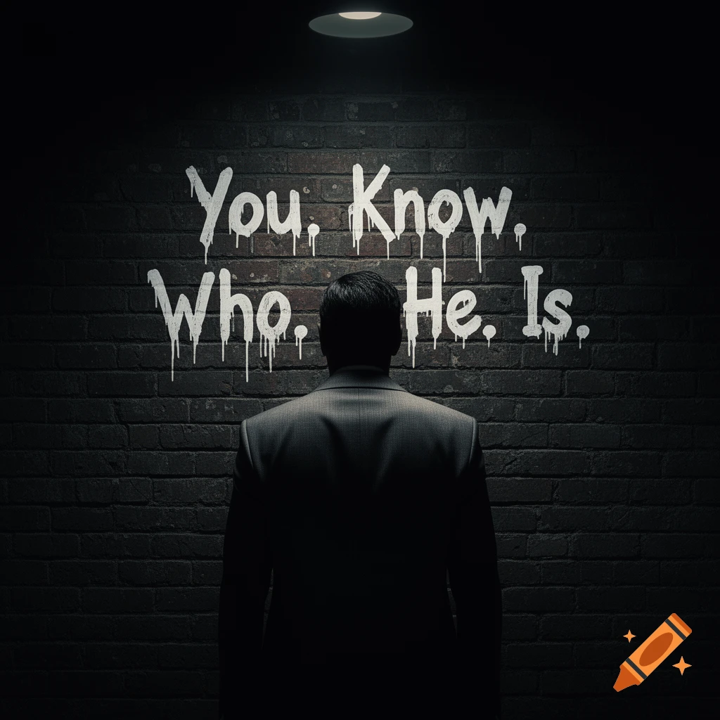 A man in a dark suit stands with his back to the viewer, looking at a brick wall under a spotlight. White dripping graffiti reads, "You. Know. Who. He. Is."