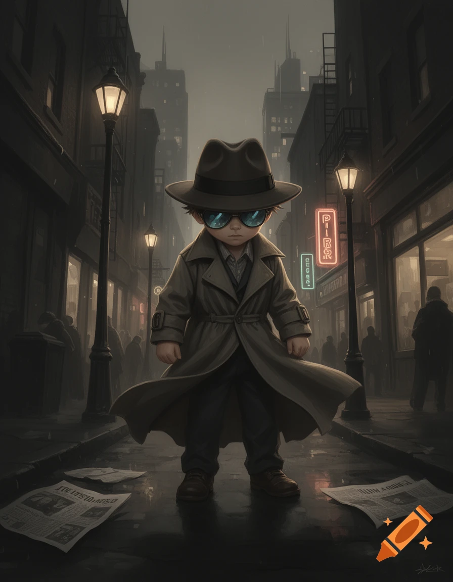 A child detective in a trench coat, fedora, and sunglasses stands on a dark, rainy city street at night, with illuminated streetlights.