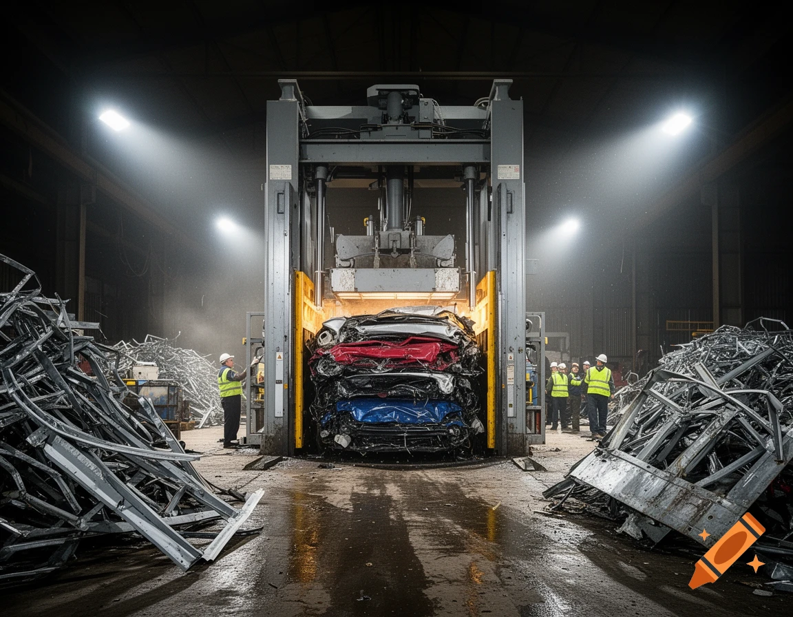 A large industrial car baler machine crushes several cars in a dim warehouse with workers in hard hats and piles of scrap metal.