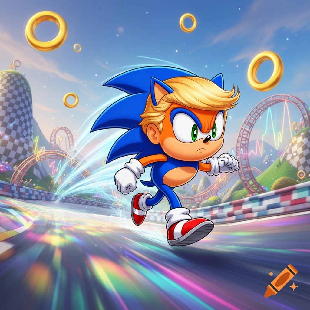 Cartoon Donald Trump-Sonic hybrid with blond hair running on a vibrant race track with gold rings.