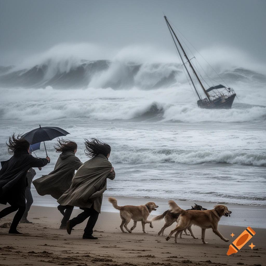 Photorealistic image of people and dogs running on a stormy beach with massive waves and a capsized sailboat in the background.