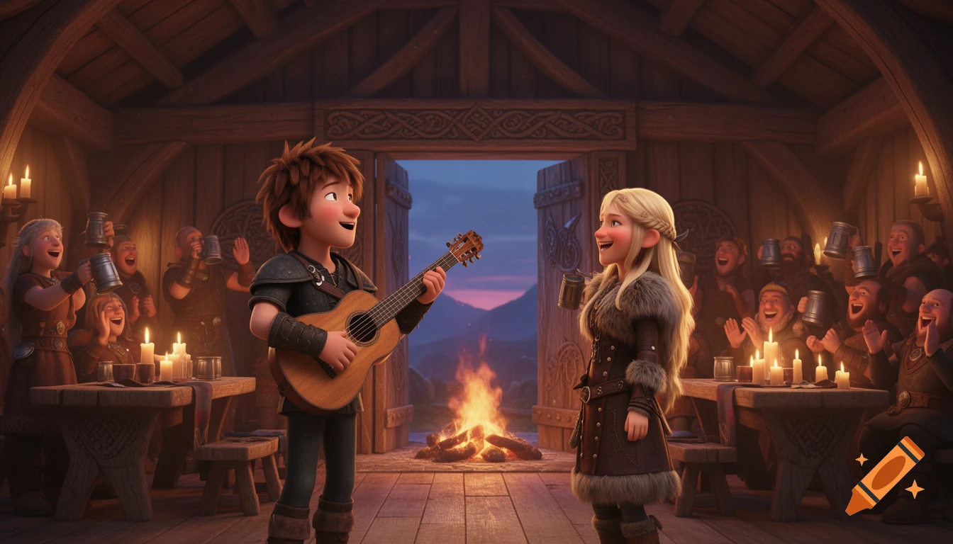 Hiccup plays guitar for Astrid in a lively, candlelit tavern with cheering villagers, animated style.