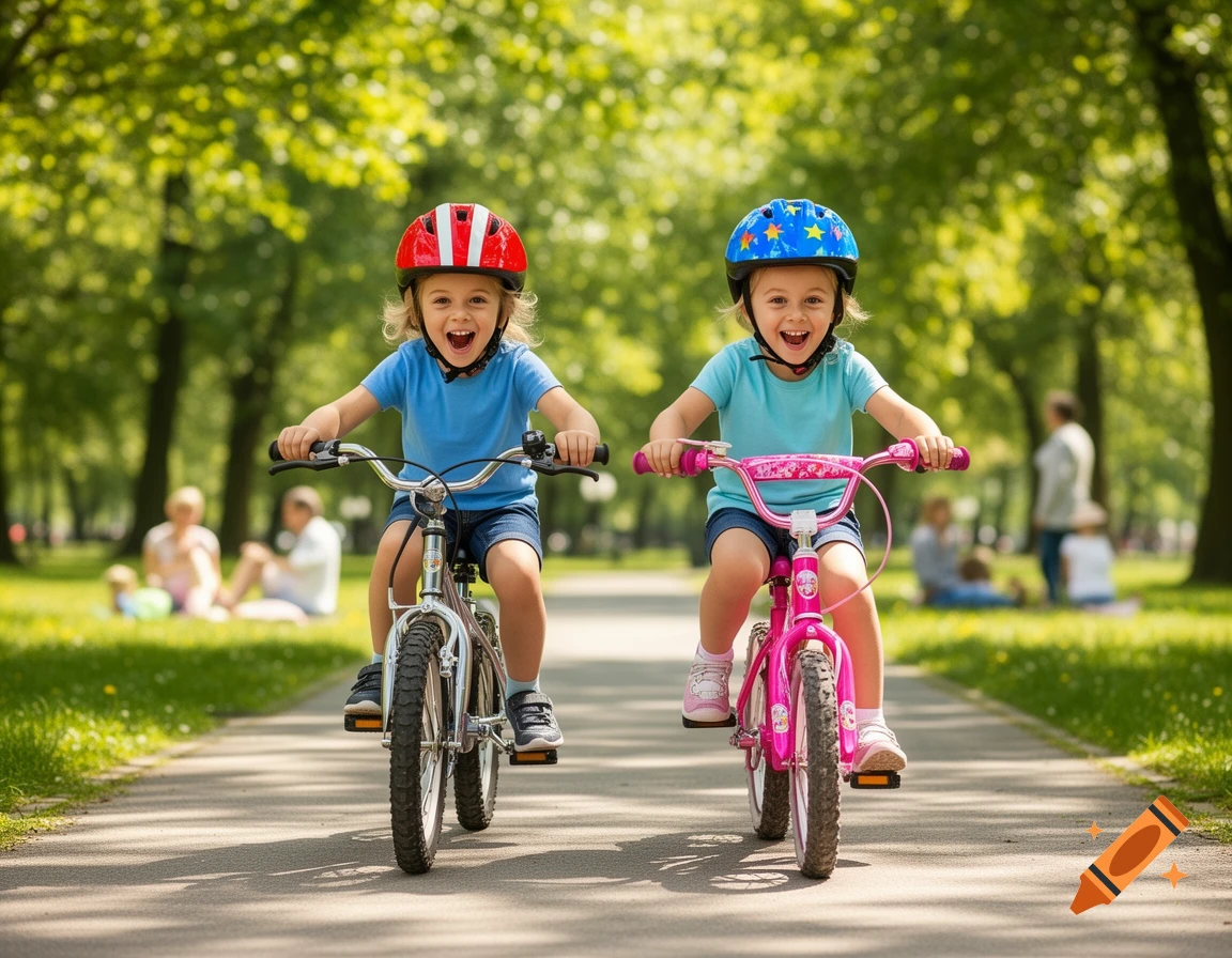 Two happy young children wearing helmets ride bicycles down a paved path in a sunny park.