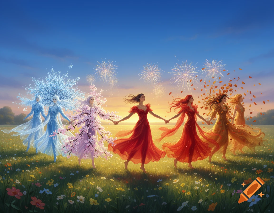 Seven ethereal women representing seasons with snow, blossoms, and autumn leaves, dance in a vibrant flower field under a bright sky.
