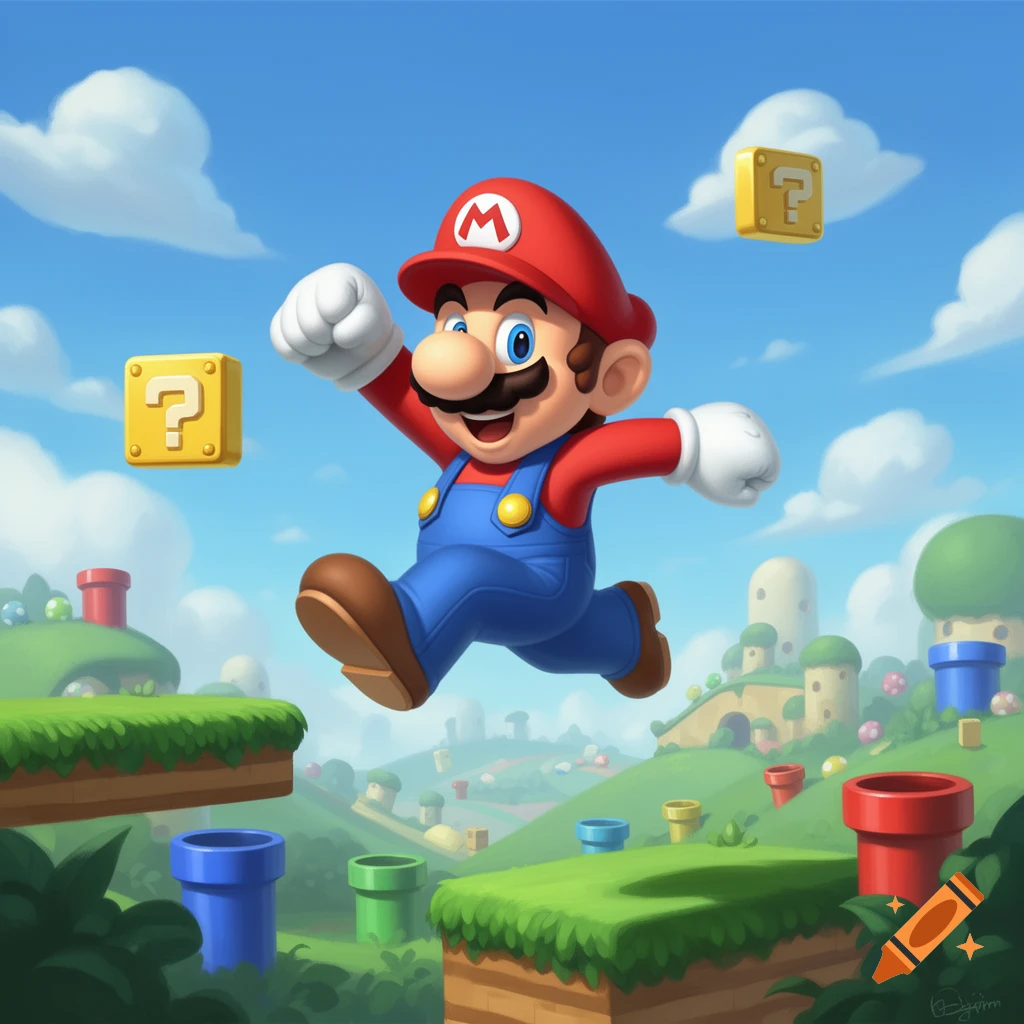 Cartoon illustration of Mario jumping over green platforms with yellow question mark blocks and pipes in a sunny, blue sky landscape.