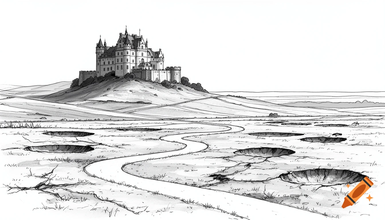 Black and white sketch of a grand castle on a hill overlooking a ...