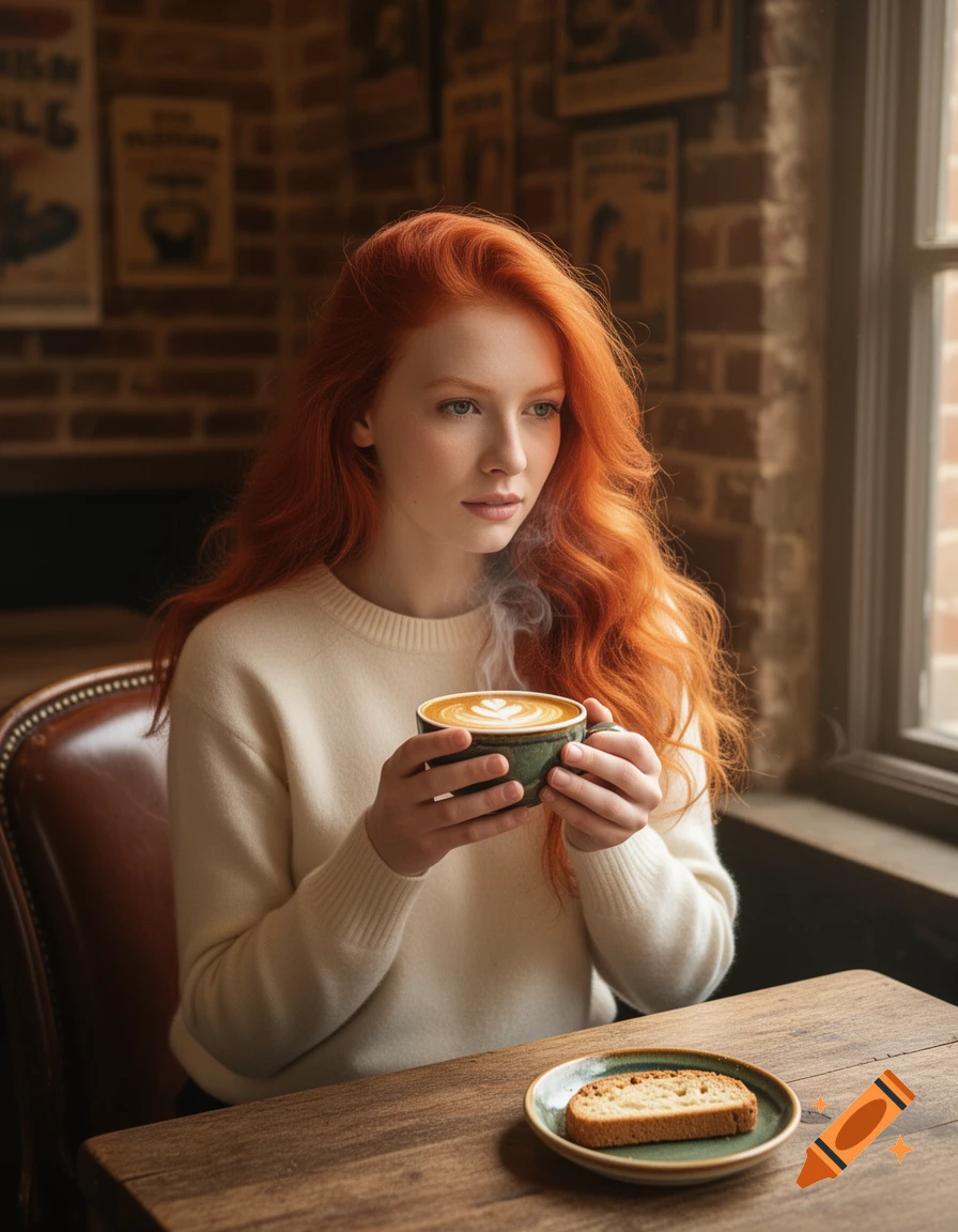 A red-haired woman in a cream sweater holds a steaming latte with heart art at a wooden table in a cafe, looking thoughtfully.