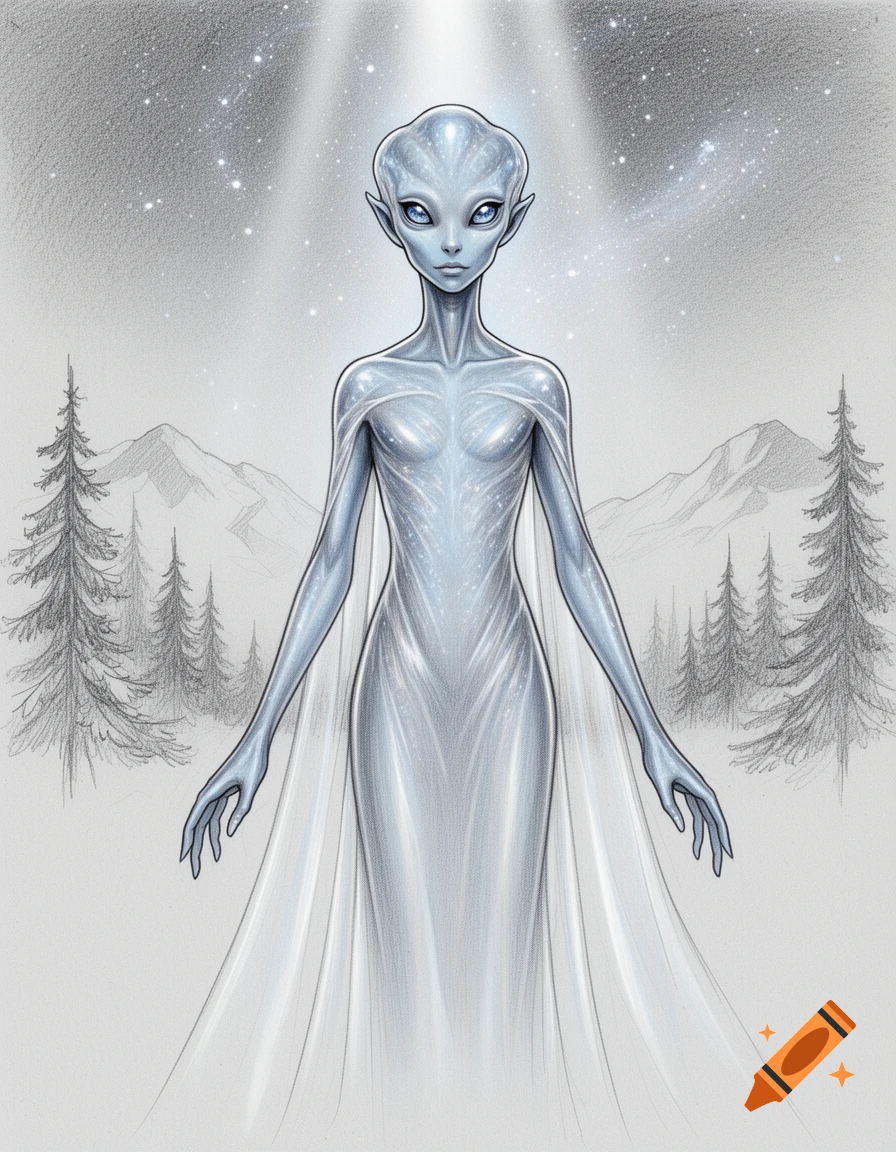 A detailed sketch of a tall, slender humanoid alien with large eyes and pointed ears, wearing a flowing white garment, standing in a snowy mountain landscape under a starry sky with a beam of light.