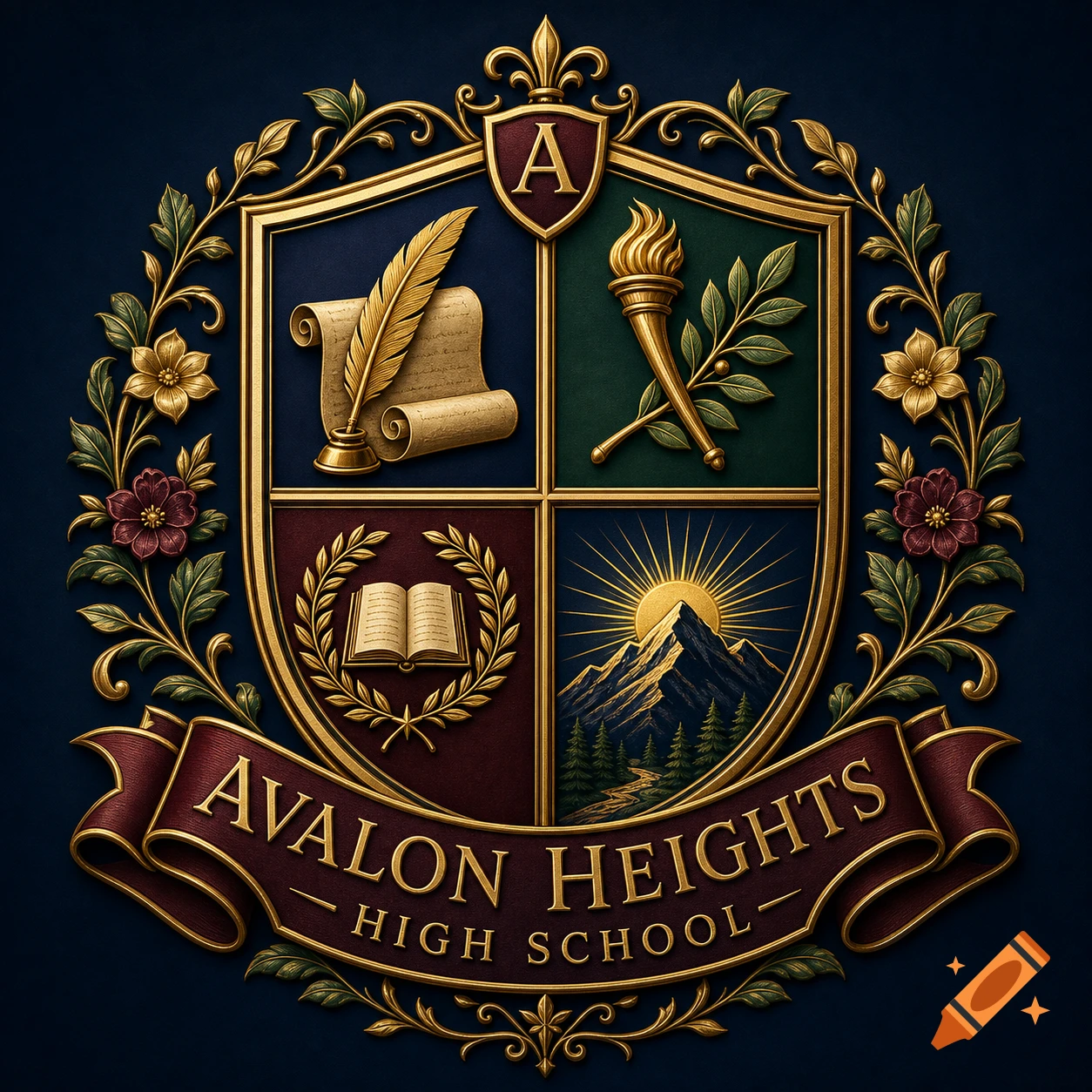 An elaborate gold and maroon school crest featuring a quill, torch, open book, mountains, and "AVALON HEIGHTS HIGH SCHOOL" text on a banner, surrounded by floral embellishments.