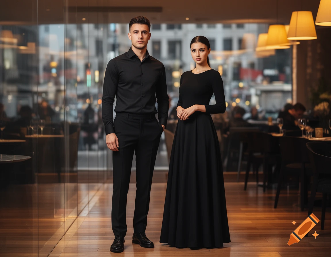 A man and a woman in all-black formal attire stand side-by-side in an upscale restaurant, with city lights visible through glass.