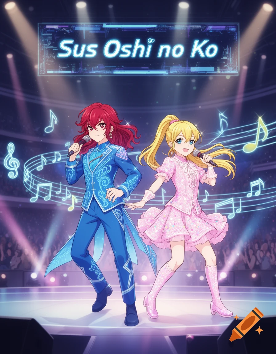 Anime man with red hair and blonde woman singing on a brightly lit stage with microphones. A 'Sus Oshi no Ko' sign is above them.
